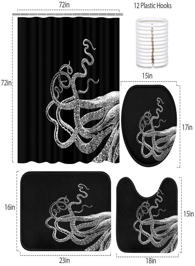 ArtSocket 4 Piece Get Naked Shower Curtain Sets White Octopus Tentacles Black Vintage Sea Ocean Kraken with Non-Slip Rug, Toilet Lid Cover, Bath Mat and 12 Hooks 72x72 inches - Image 5