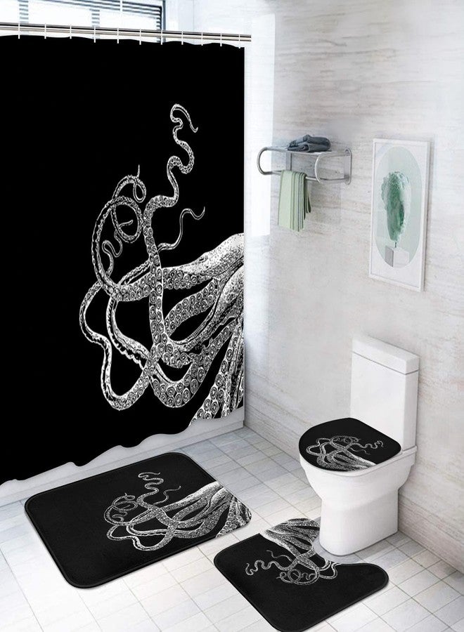 ArtSocket 4 Piece Get Naked Shower Curtain Sets White Octopus Tentacles Black Vintage Sea Ocean Kraken with Non-Slip Rug, Toilet Lid Cover, Bath Mat and 12 Hooks 72x72 inches - Image 1
