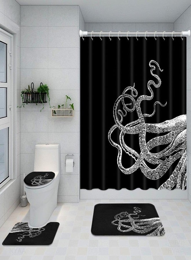 ArtSocket 4 Piece Get Naked Shower Curtain Sets White Octopus Tentacles Black Vintage Sea Ocean Kraken with Non-Slip Rug, Toilet Lid Cover, Bath Mat and 12 Hooks 72x72 inches - Image 2