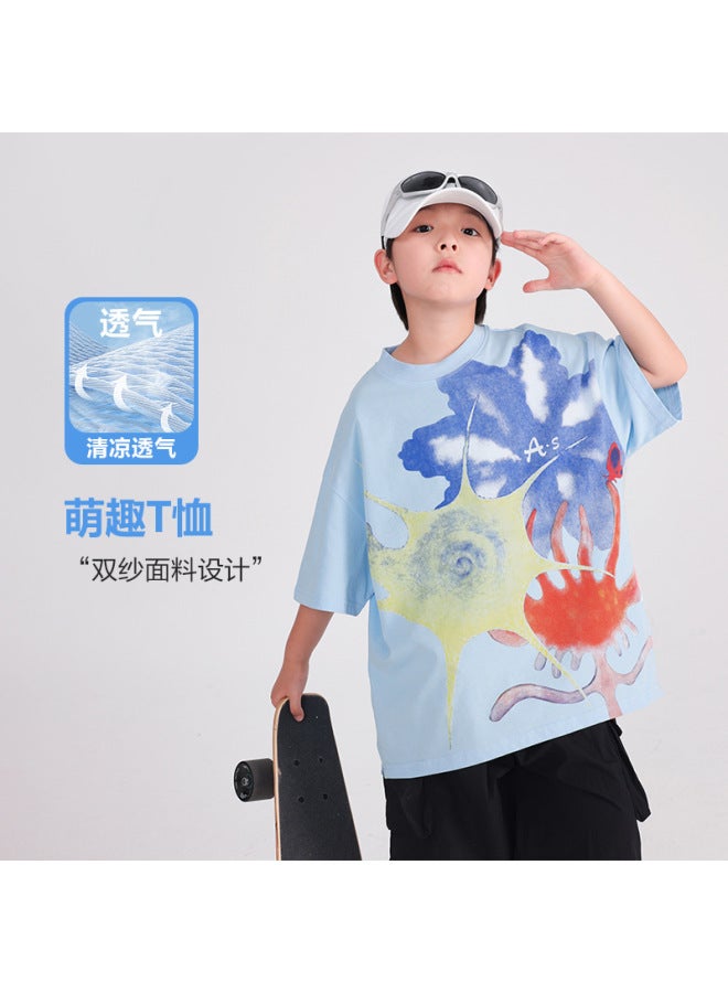 Boys' Summer Dopamine Graffiti Pure Cotton Short-sleeved T-shirt  New Kidsren's Summer Loose Ice-feel Top
