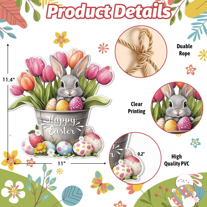 Hoblynth Happy Easter Door Decoration Bunny Floral Bucket Hanging Sign for Decor for Front Door 11.4 Easter door wreath for Home Decor Spring Rabbit Wall Hanger for Porch Outdoor Indoor - Image 2