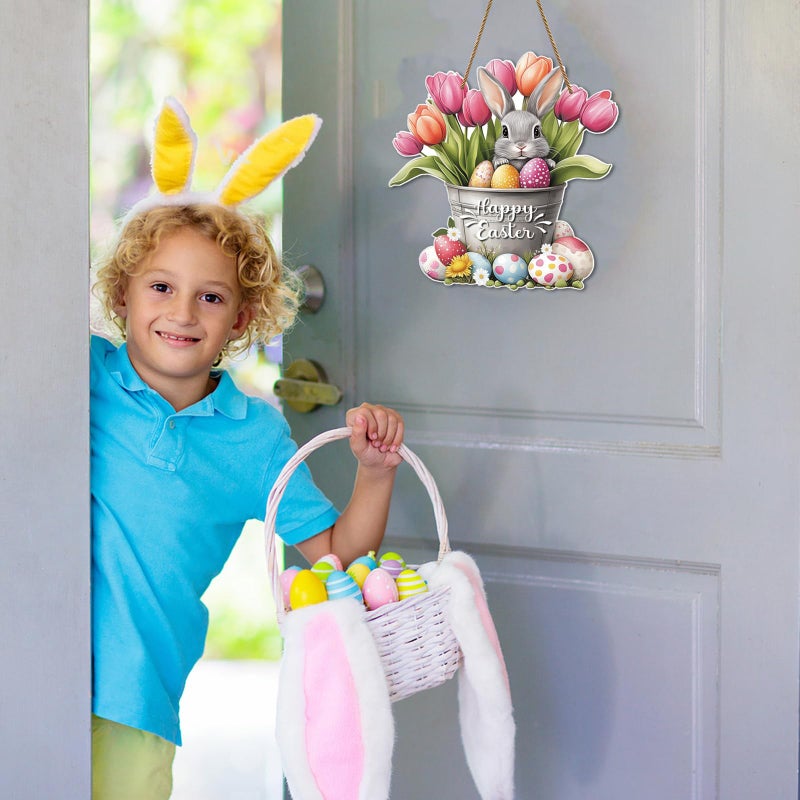 Hoblynth Happy Easter Door Decoration Bunny Floral Bucket Hanging Sign for Decor for Front Door 11.4 Easter door wreath for Home Decor Spring Rabbit Wall Hanger for Porch Outdoor Indoor - Image 4