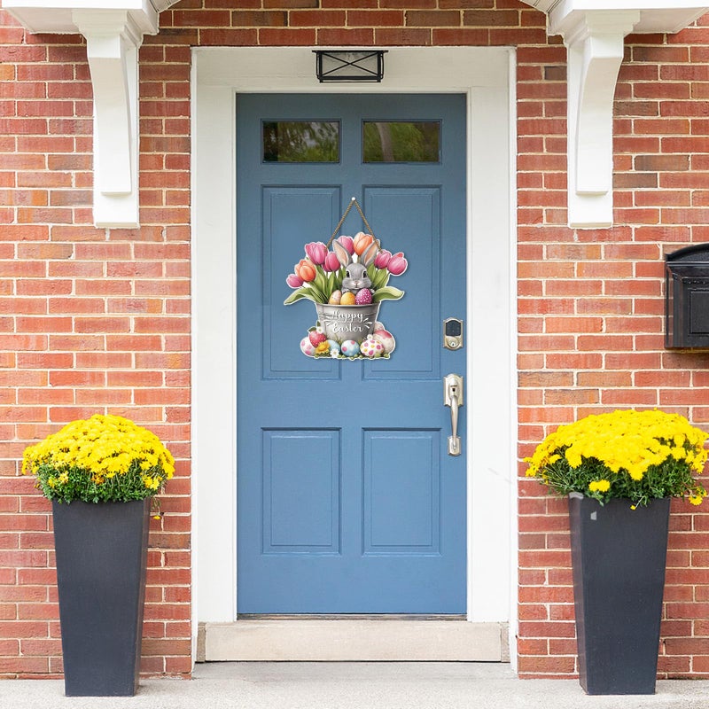 Hoblynth Happy Easter Door Decoration Bunny Floral Bucket Hanging Sign for Decor for Front Door 11.4 Easter door wreath for Home Decor Spring Rabbit Wall Hanger for Porch Outdoor Indoor - Image 5