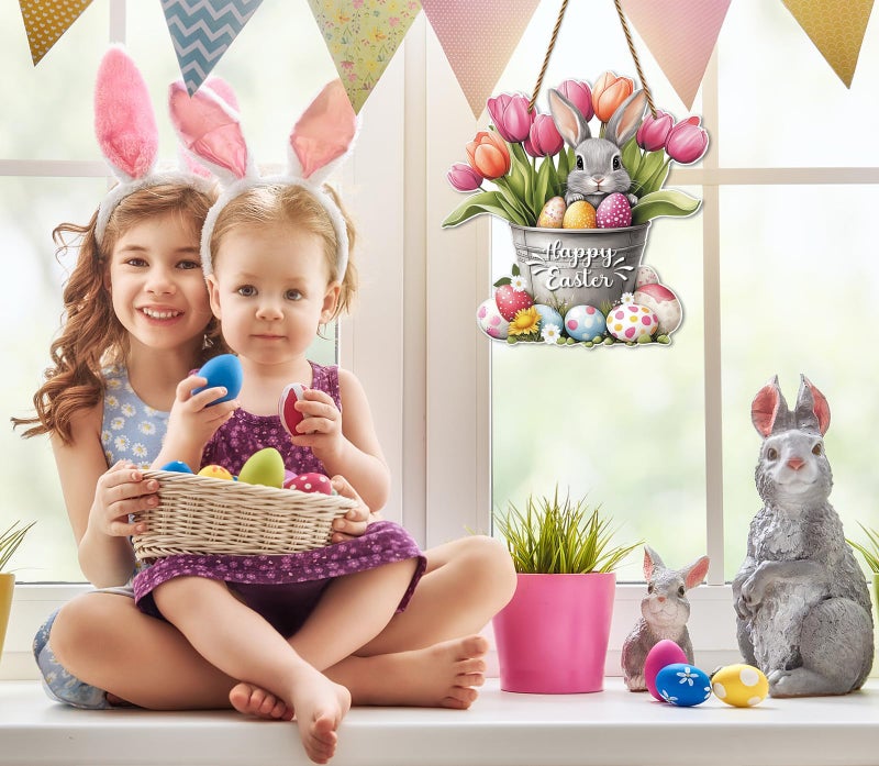 Hoblynth Happy Easter Door Decoration Bunny Floral Bucket Hanging Sign for Decor for Front Door 11.4 Easter door wreath for Home Decor Spring Rabbit Wall Hanger for Porch Outdoor Indoor - Image 3