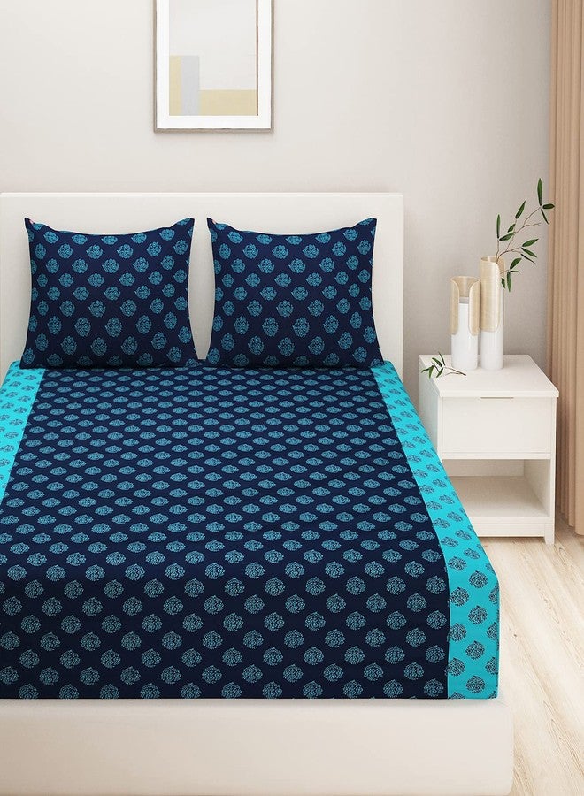Swayam Pure Cotton King Fitted Bedsheet with 2 Pillow Covers | Size 72 x 78 x 10 inch | 200 TC | Ethnic Motifs Design | Soft Breathable Bed Sheet | Comfortable & Durable for Bedroom - Blue - Image 4