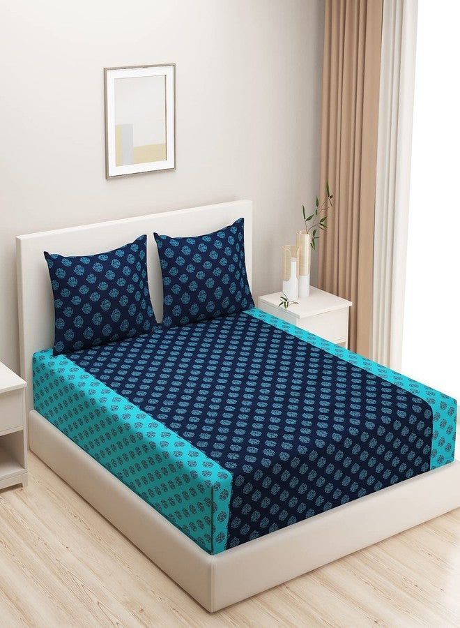 Swayam Pure Cotton King Fitted Bedsheet with 2 Pillow Covers | Size 72 x 78 x 10 inch | 200 TC | Ethnic Motifs Design | Soft Breathable Bed Sheet | Comfortable & Durable for Bedroom - Blue - Image 2