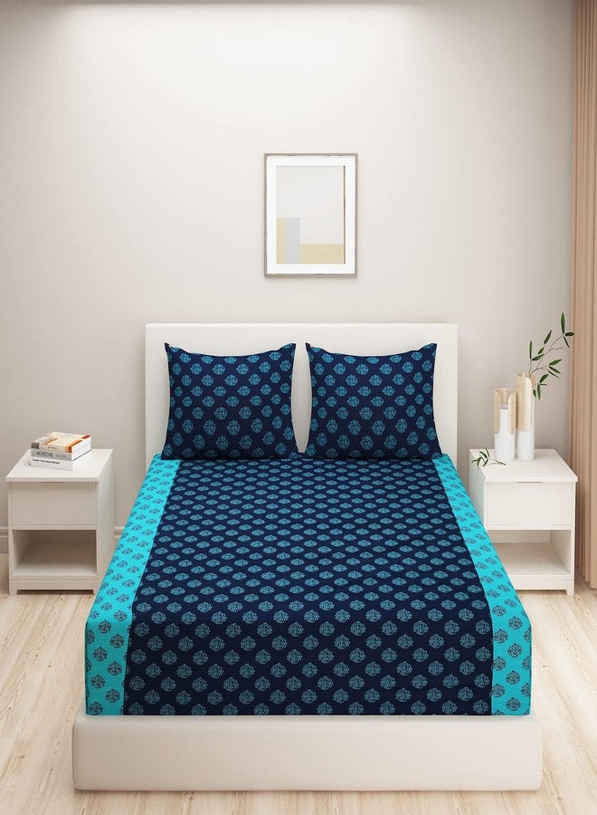 Swayam Pure Cotton King Fitted Bedsheet with 2 Pillow Covers | Size 72 x 78 x 10 inch | 200 TC | Ethnic Motifs Design | Soft Breathable Bed Sheet | Comfortable & Durable for Bedroom - Blue - Image 3