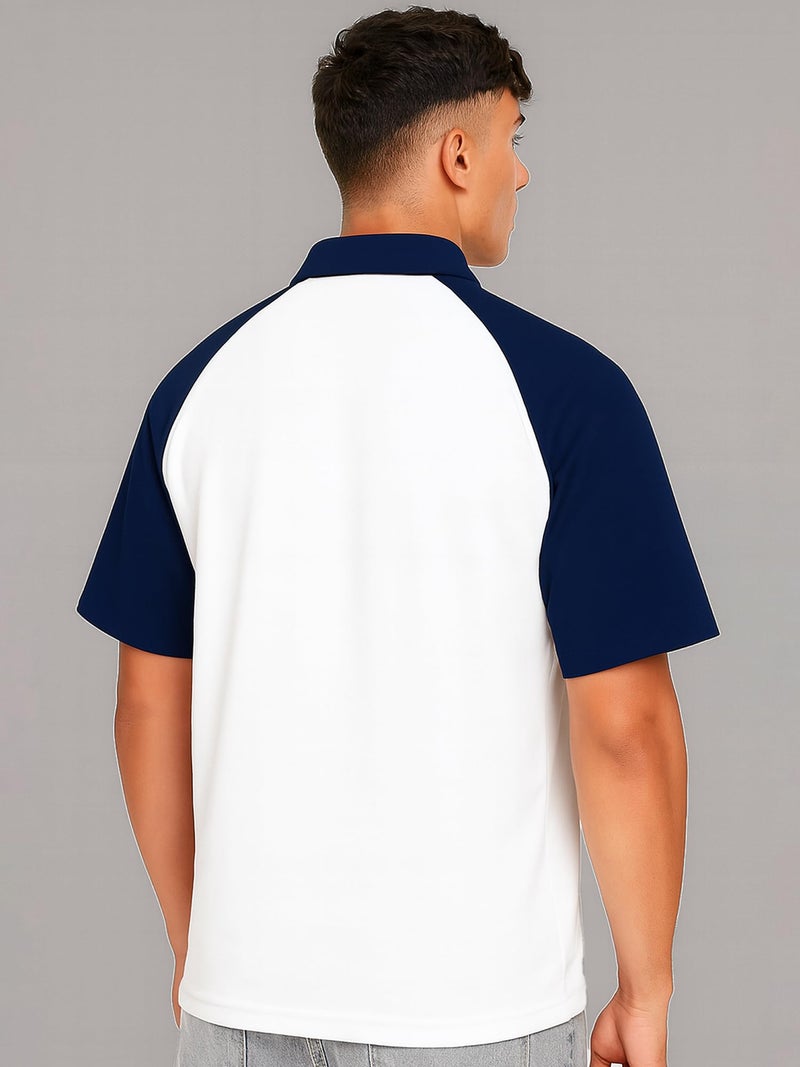Jump Cuts Mens Printed Polo Neck Raglan Half Sleeve White Cotton Blend T-Shirt - Image 3
