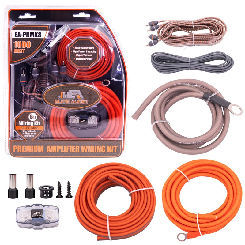 Elite Audio Premium Series 8Gauge Amp Kit 1000W Max Power Copper Clad Aluminum Wire TripleShielded RCA Cables HighPower Capacity MiniANL Fuse Holder Car Amplifier Install Kit EAPRMK8