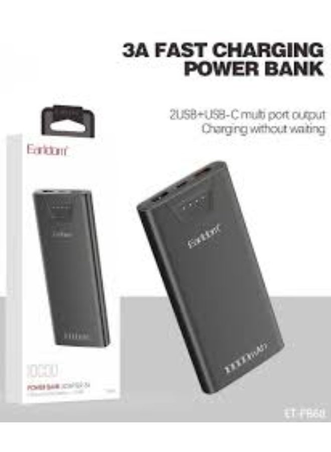 Earldom PB68 10000mAh Power Bank, 2 Ports - LED Display, Black - Image 1