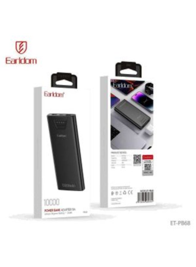 Earldom PB68 10000mAh Power Bank, 2 Ports - LED Display, Black - Image 2