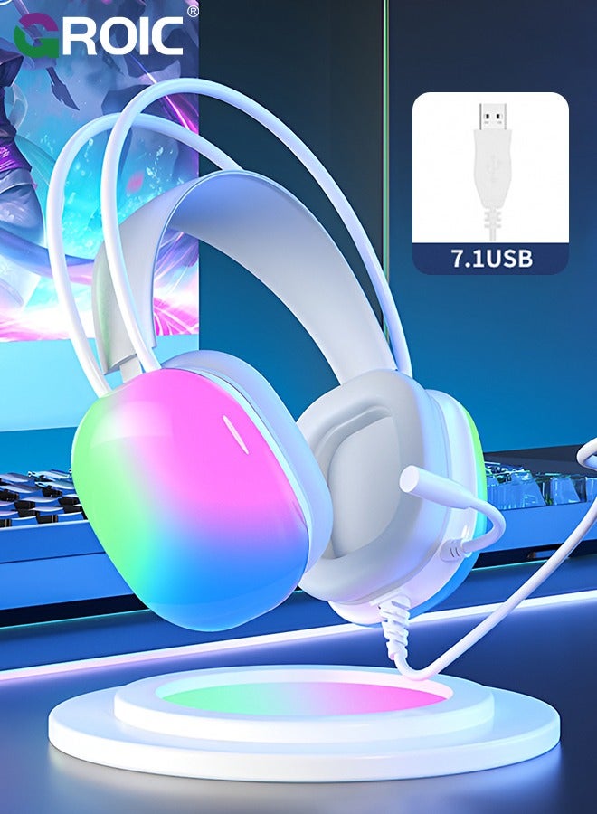 GROIC White Wired Gaming Headset, 6.8 foot Long Cable USB Headphones with Full RGB Earmuffs LED Headband, Game Sound Tech Headphones for PC MOBA FPS Games  - Image 1