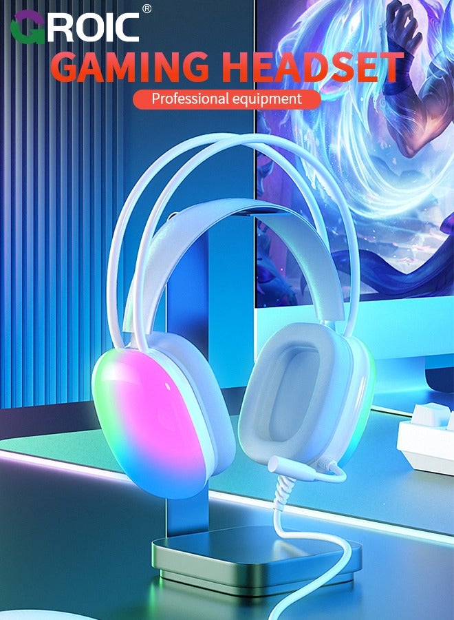 GROIC White Wired Gaming Headset, 6.8 foot Long Cable USB Headphones with Full RGB Earmuffs LED Headband, Game Sound Tech Headphones for PC MOBA FPS Games  - Image 2