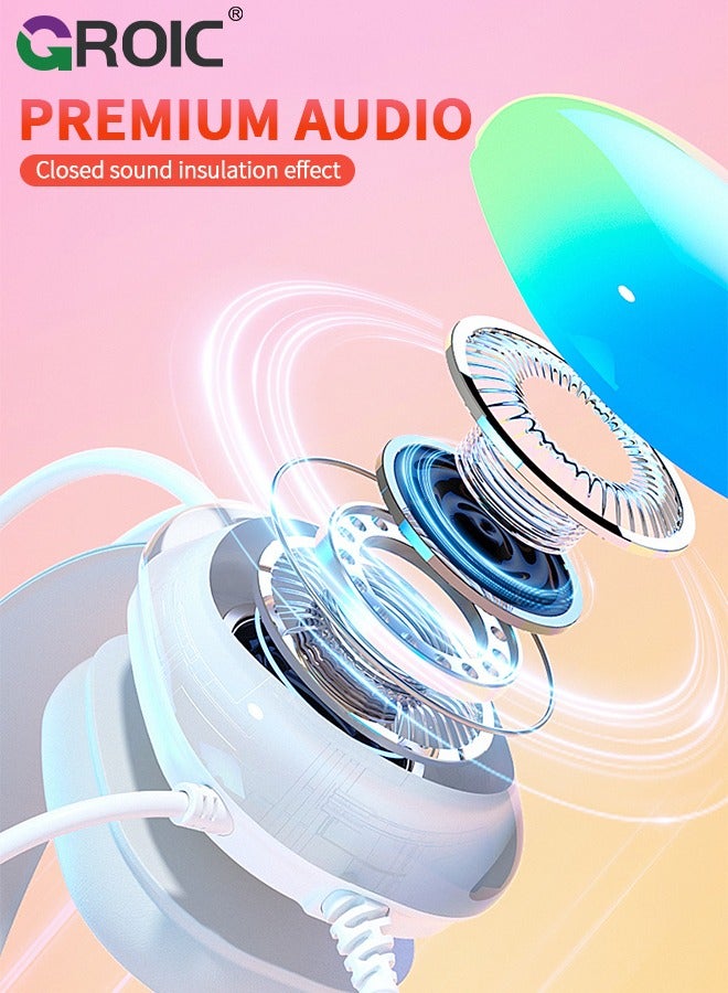 GROIC White Wired Gaming Headset, 6.8 foot Long Cable USB Headphones with Full RGB Earmuffs LED Headband, Game Sound Tech Headphones for PC MOBA FPS Games  - Image 4