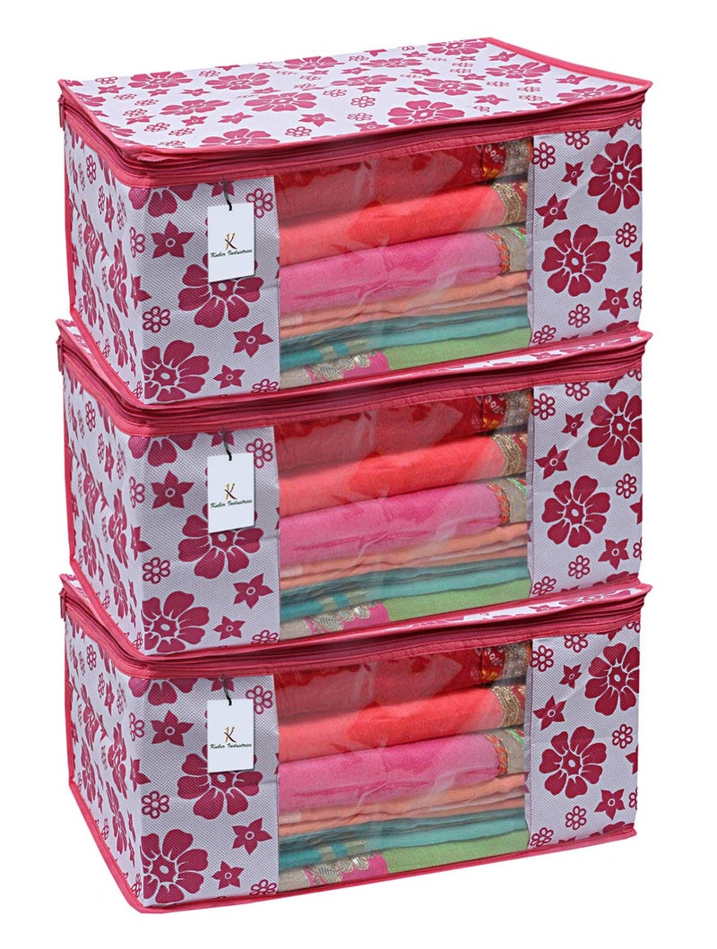 Kuber Industries Fabric 3 Piece Non Woven Saree Cover Set, Pink,Large Size -Ctktc6400, Multicolor - Image 1
