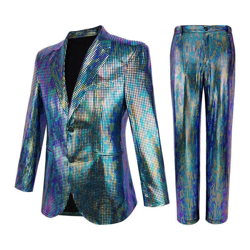 Nawgut Sequin Blazer Metallic Slim Suit 2 Piece Set Disco Prom Shiny Outfit Wedding Party Banquet Fashion Jacket Pant for Mens Adult-Small - Image 1