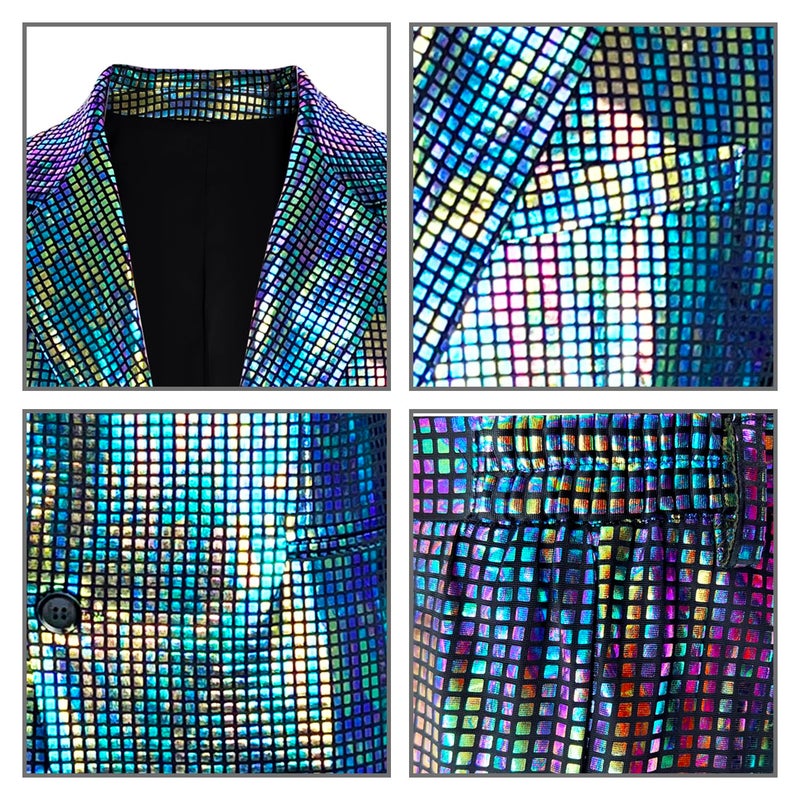 Nawgut Sequin Blazer Metallic Slim Suit 2 Piece Set Disco Prom Shiny Outfit Wedding Party Banquet Fashion Jacket Pant for Mens Adult-Small - Image 4