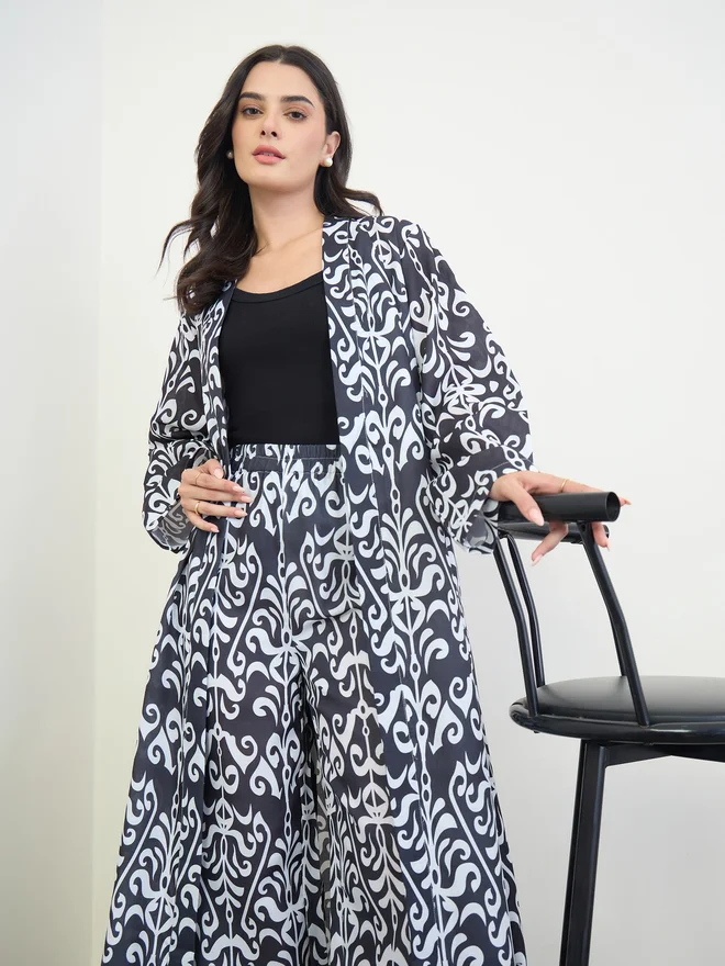 Amirah Black and White Printed Open Abaya and Wide Leg Pants Set