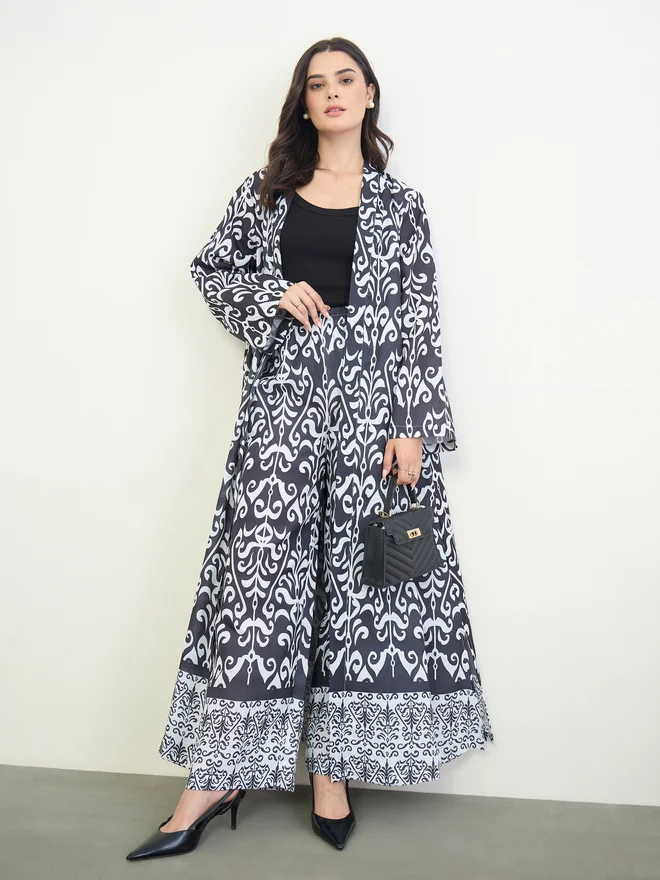 Amirah Black and White Printed Open Abaya and Wide Leg Pants Set