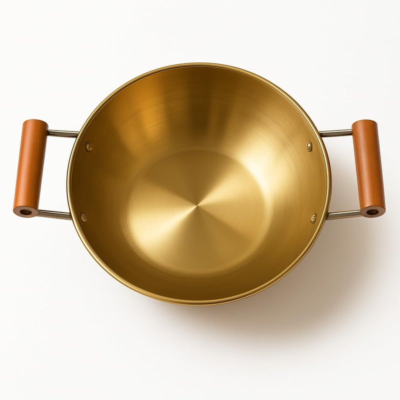 Yopple Heavy Brass Kadai with Wooden Handle, Handcrafted Hammered Pital Kadhai for Cooking & Serving, Traditional Indian Frying Pan for Kitchen Use, Veg & Non-Veg Dishes