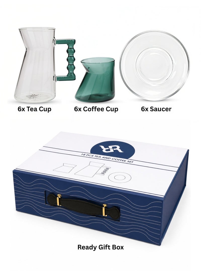Raz 18 Pieces Tea and Coffee Serving Glass Set – Handled Clear Glass with Colored Accent Cup & Saucer - Image 2