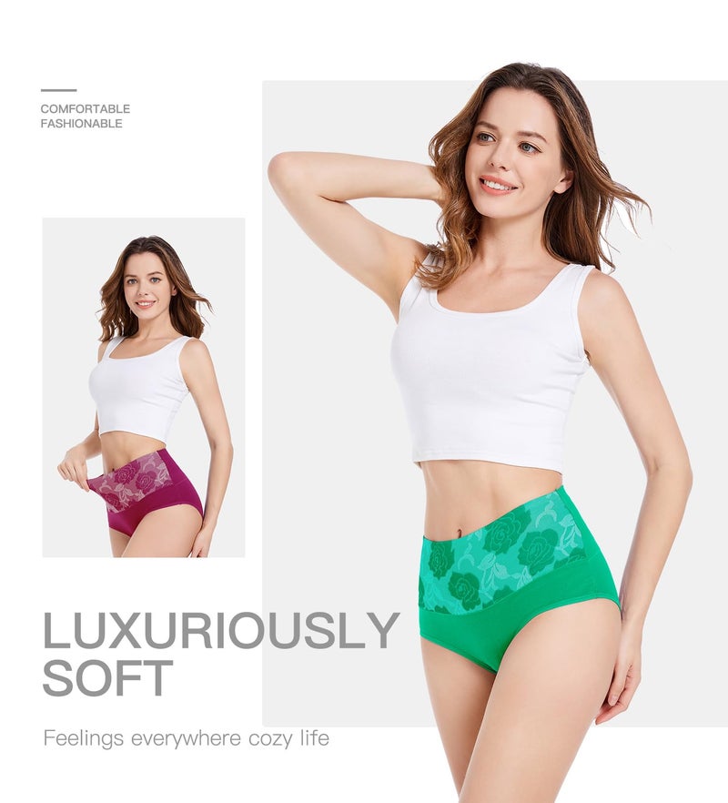 HAVVIS Women's Briefs Underwear Cotton High Waist Tummy Control Panties Rose Jacquard Ladies Panty Multipack (Brief 02-5 Pack - Assorted Colors 02, Large) - Image 3