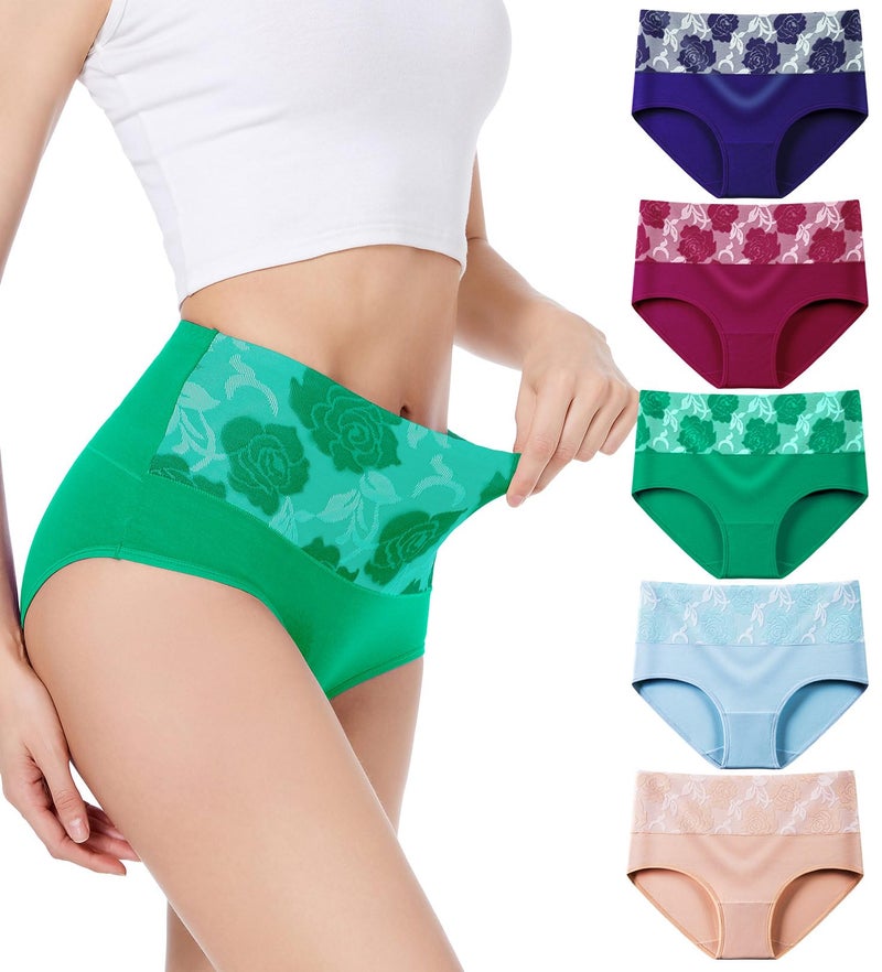 HAVVIS Women's Briefs Underwear Cotton High Waist Tummy Control Panties Rose Jacquard Ladies Panty Multipack (Brief 02-5 Pack - Assorted Colors 02, Large) - Image 1