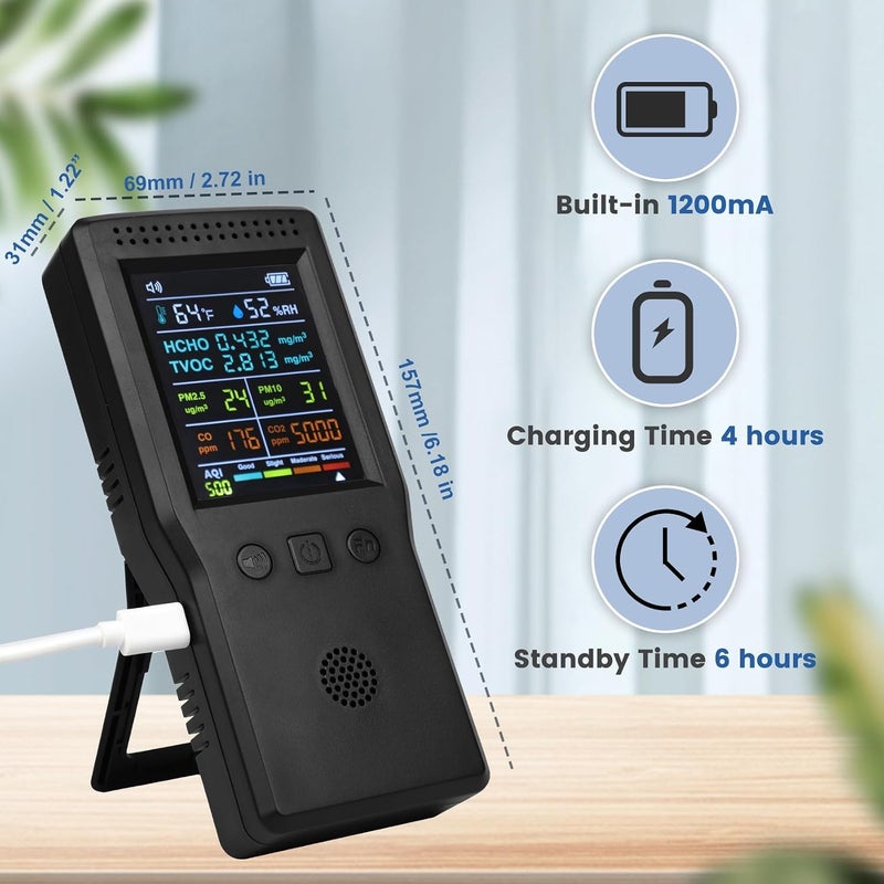 9 in 1 Air Quality Monitor, Formaldehyde Detector Indoor, Temperature & Humidity Meter, Pollution Tester, Sensor, Detect PM2.5/PM10 Monitor, for Test Indoor HCHO TVOC Volatile Organic Compound Gas - Image 3