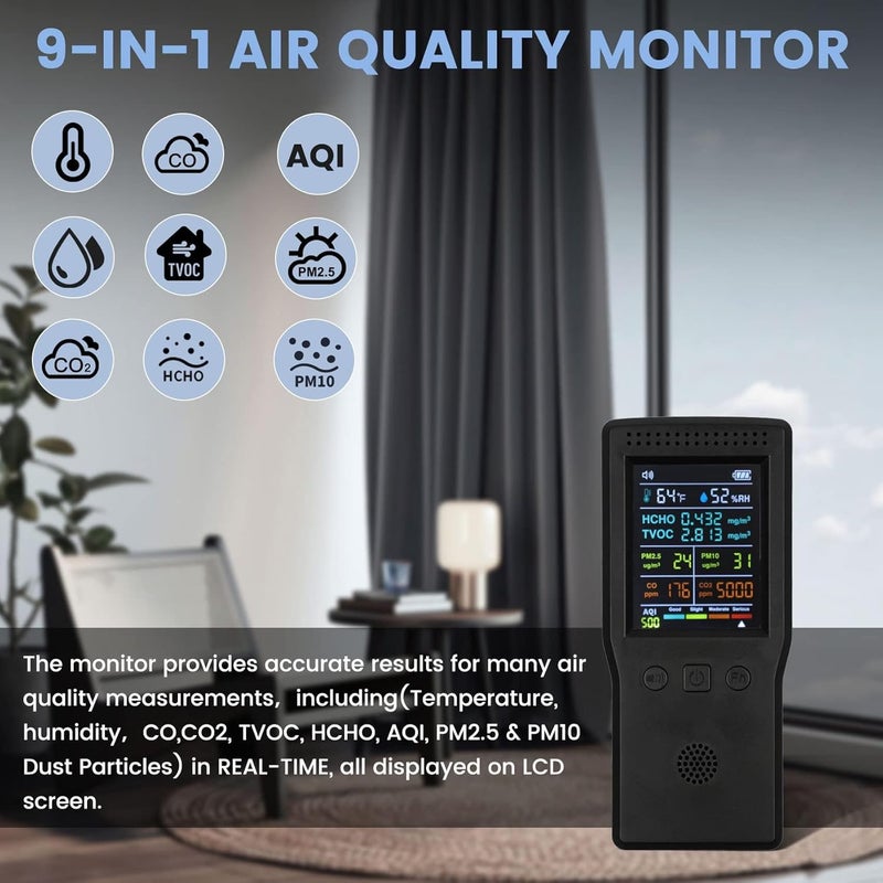 9 in 1 Air Quality Monitor, Formaldehyde Detector Indoor, Temperature & Humidity Meter, Pollution Tester, Sensor, Detect PM2.5/PM10 Monitor, for Test Indoor HCHO TVOC Volatile Organic Compound Gas - Image 2