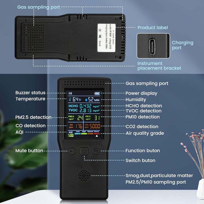 9 in 1 Air Quality Monitor, Formaldehyde Detector Indoor, Temperature & Humidity Meter, Pollution Tester, Sensor, Detect PM2.5/PM10 Monitor, for Test Indoor HCHO TVOC Volatile Organic Compound Gas - Image 5