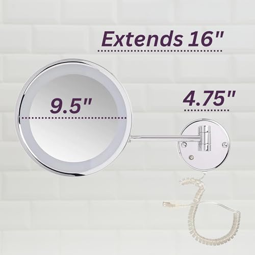 JERDON Lighted Makeup Mirror - Corded Wall Mount Magnifying Mirror with LED Lights - Polished Chrome Finish - 9.5-Inch Diameter - Model HL1016CL - Image 3