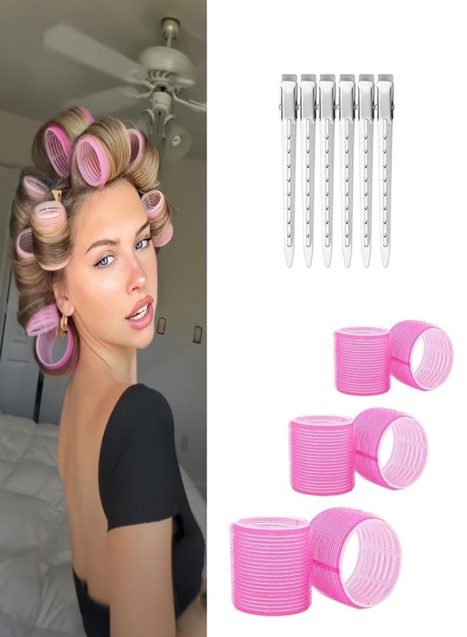 Pinaka Jumbo Rollers Hair Curlers Pink6 Pcs Set with 6Pcs Jumbo Large Hair Rollers and 6 Pcs Hair Clips for Long Medium Hair Volume (Pink) - Image 1