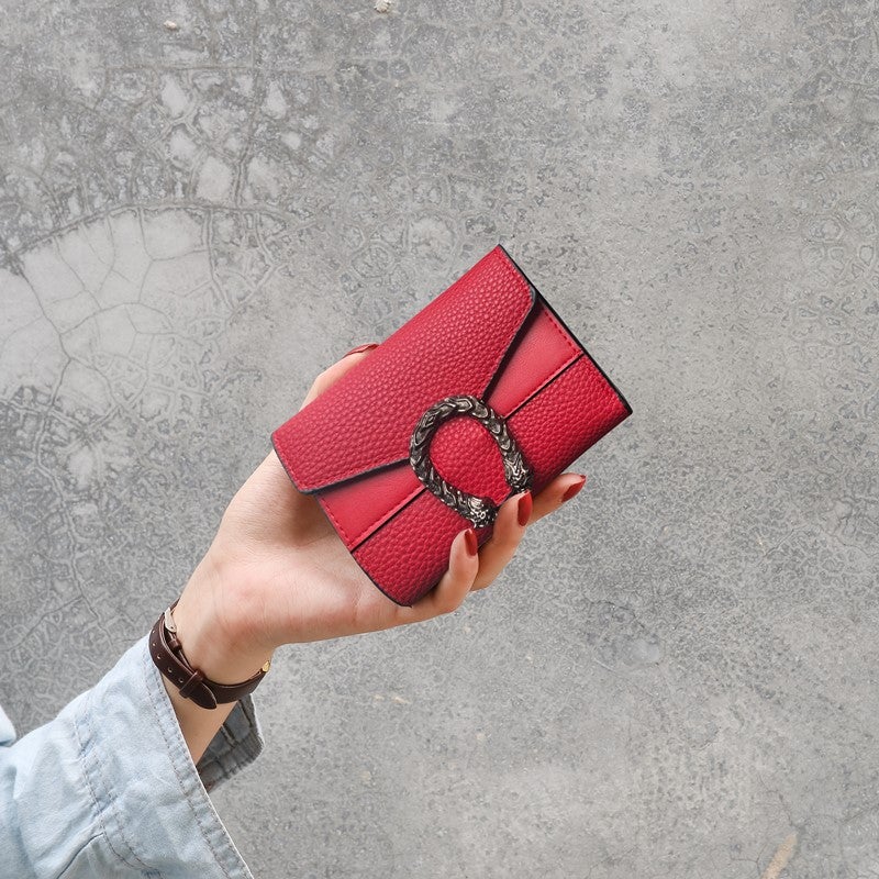 Factory wholesale short wallet womens cute student small wallet litchi pattern simple mini folding portable wallet Red 