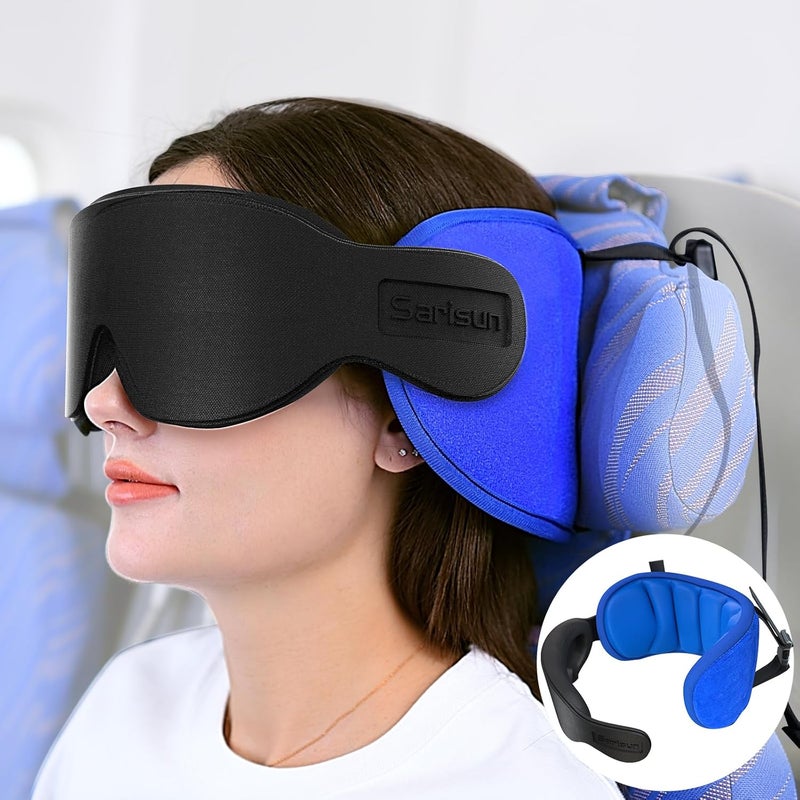 SARISUN Travel Pillows for Airplanes, Airplane Pillow for Sleeping with 3D Eye Mask, 360° Support Headrest for Long Flight, Road Trip, Stop Bobblehead Relieve Neck Pain, Blue - Image 1