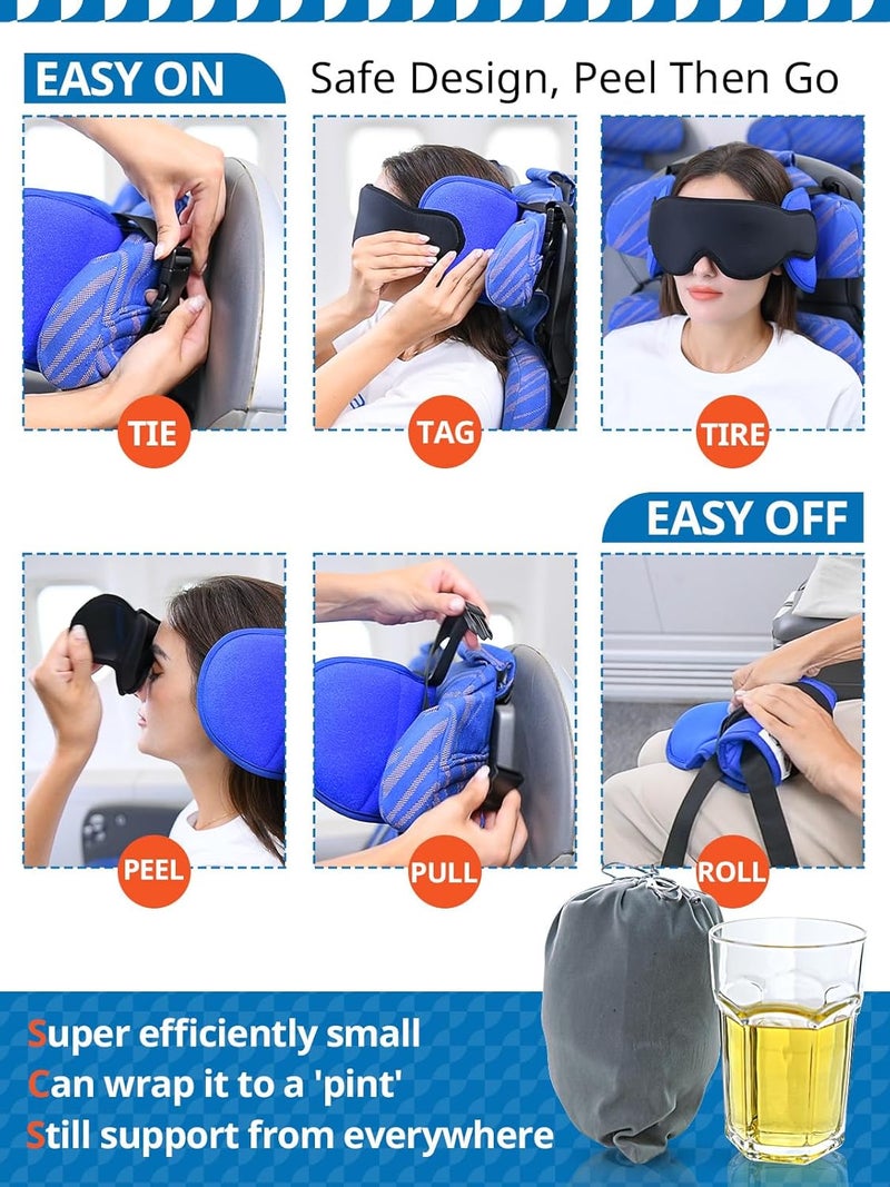 SARISUN Travel Pillows for Airplanes, Airplane Pillow for Sleeping with 3D Eye Mask, 360° Support Headrest for Long Flight, Road Trip, Stop Bobblehead Relieve Neck Pain, Blue - Image 4