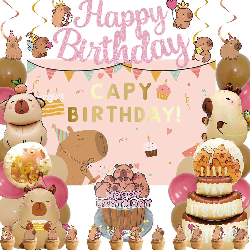 Tyotrbs Pink Happy Capybara Birthday Decorations, Cute Capy Birthday Party Banners Hanging Swirls Decor, Capybara Lover Bday Decor Supplies - Image 1