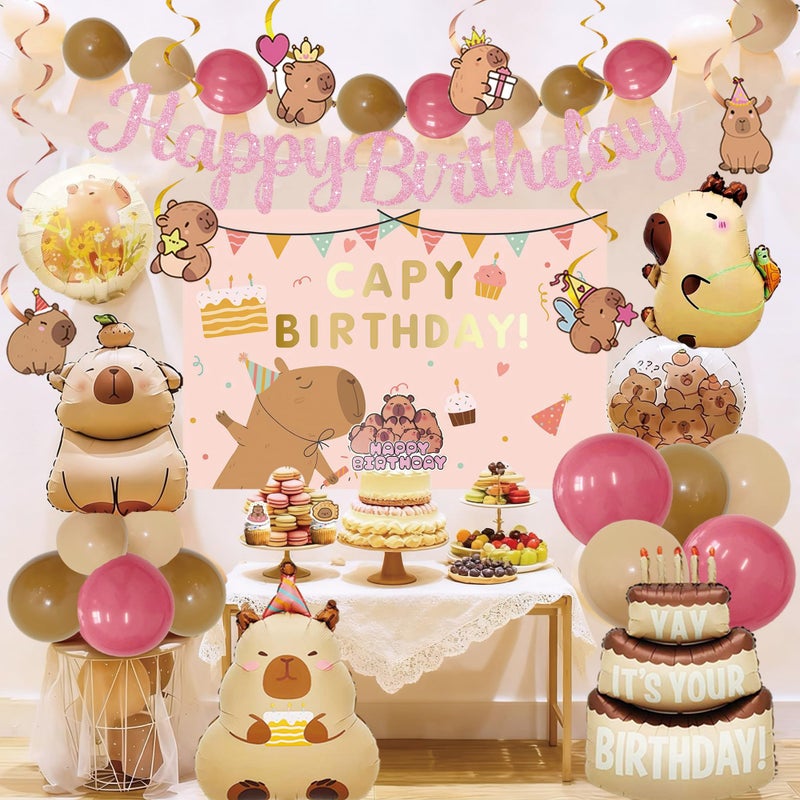 Tyotrbs Pink Happy Capybara Birthday Decorations, Cute Capy Birthday Party Banners Hanging Swirls Decor, Capybara Lover Bday Decor Supplies - Image 2