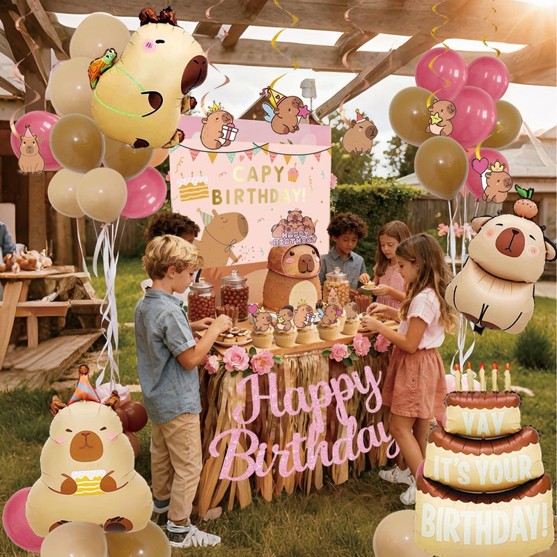 Tyotrbs Pink Happy Capybara Birthday Decorations, Cute Capy Birthday Party Banners Hanging Swirls Decor, Capybara Lover Bday Decor Supplies - Image 5