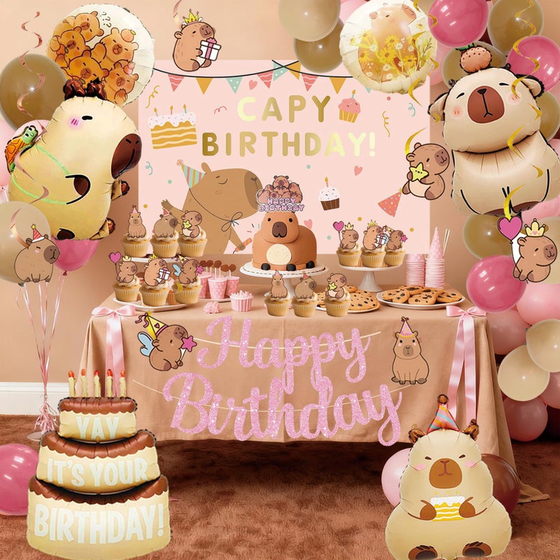 Tyotrbs Pink Happy Capybara Birthday Decorations, Cute Capy Birthday Party Banners Hanging Swirls Decor, Capybara Lover Bday Decor Supplies - Image 4