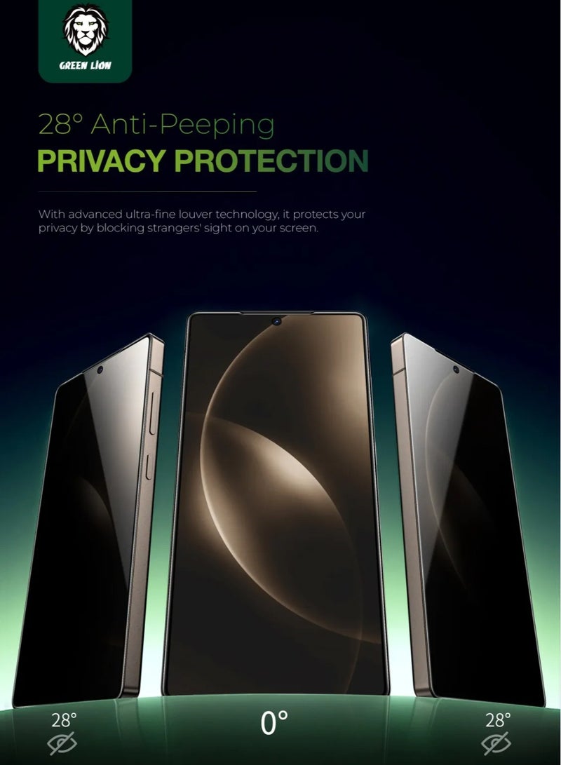 جرين ليون واقي شاشة زجاجي 9H Privacy Shield لهاتف Samsung Galaxy S25 Ultra / 28° مضاد للتجسس / مقاوم للصدمات / سريع الاستجابة للمس / فتح بصمة الإصبع / مضاد للخدش / واقي شاشة خالٍ من الفقاعات - أسود - Image 2