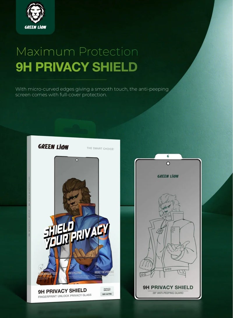 جرين ليون واقي شاشة زجاجي 9H Privacy Shield لهاتف Samsung Galaxy S25 Ultra / 28° مضاد للتجسس / مقاوم للصدمات / سريع الاستجابة للمس / فتح بصمة الإصبع / مضاد للخدش / واقي شاشة خالٍ من الفقاعات - أسود - Image 4