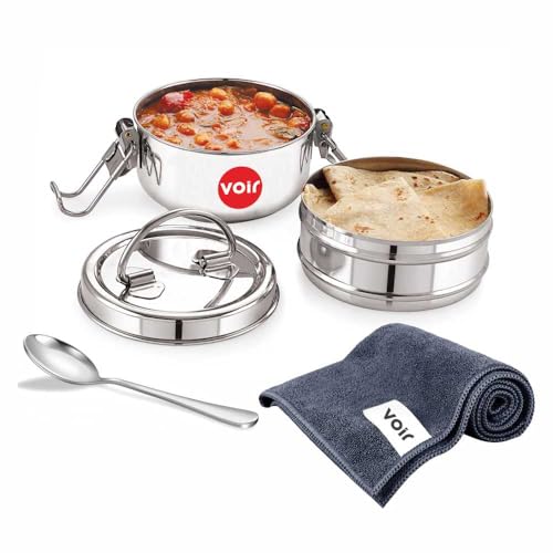 Voir Stainless Steel Lunch Box/Tiffin with Locking Clip, 2-Tier Container, 800 ml, Hot & Cold Leak-Proof, Compact & Durable, Perfect for Office, School, Picnic and Travel use - Image 5
