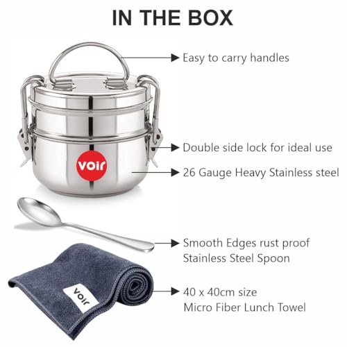 Voir Stainless Steel Lunch Box/Tiffin with Locking Clip, 2-Tier Container, 800 ml, Hot & Cold Leak-Proof, Compact & Durable, Perfect for Office, School, Picnic and Travel use - Image 2