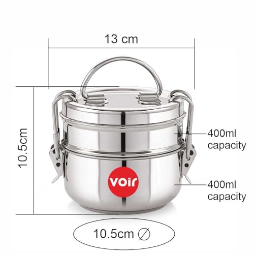 Voir Stainless Steel Lunch Box/Tiffin with Locking Clip, 2-Tier Container, 800 ml, Hot & Cold Leak-Proof, Compact & Durable, Perfect for Office, School, Picnic and Travel use - Image 3