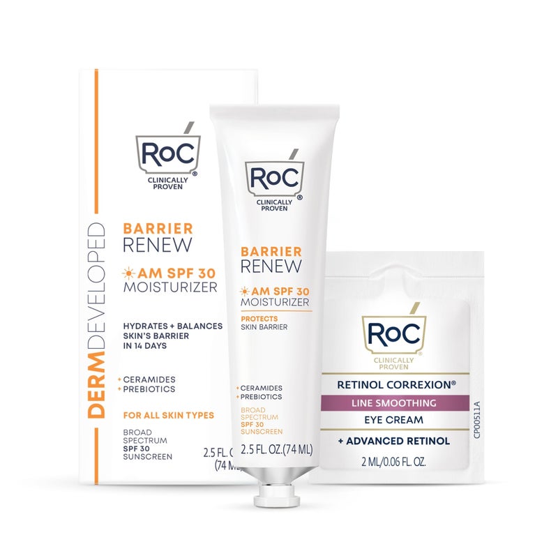 RoC Barrier Renew Day Cream with SPF 30 Moisturizer with Ceramides  Prebiotics to Protect Skin Barrier 25 oz with Retinol Eye Cream Packette