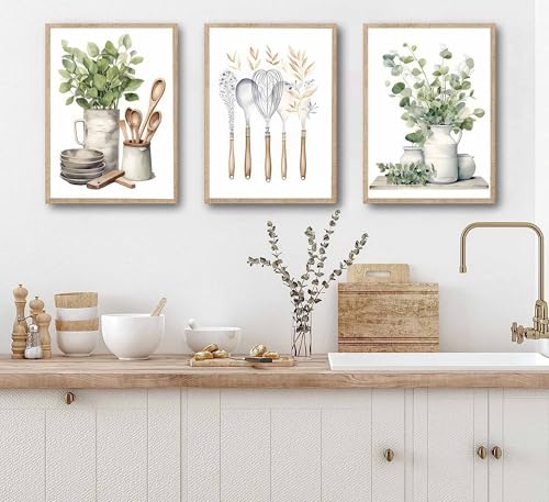 JJX 3 Pcs Sage Green Farmhouse Kitchen Canvas Wall Art Minimalist Dining Room Eucalyptus leaves plant Painting Pictures Wall Decor Poster Print Artwork For Dining Room kitchen Home Decoration Unframed - Image 3