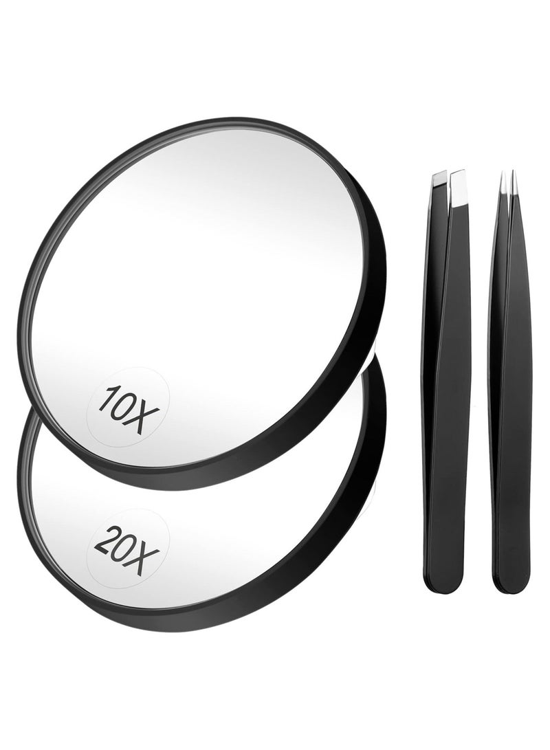 HOMESTAR Mirror, 3.5 Inch 20X Mirror & 10X Magnifier Mirrors with 2 Suction Cups, Small Travel Magnifying and Tweezers Kit for Eyebrow Tweezing, Blackhead Blemish Removal (Black) - Image 1