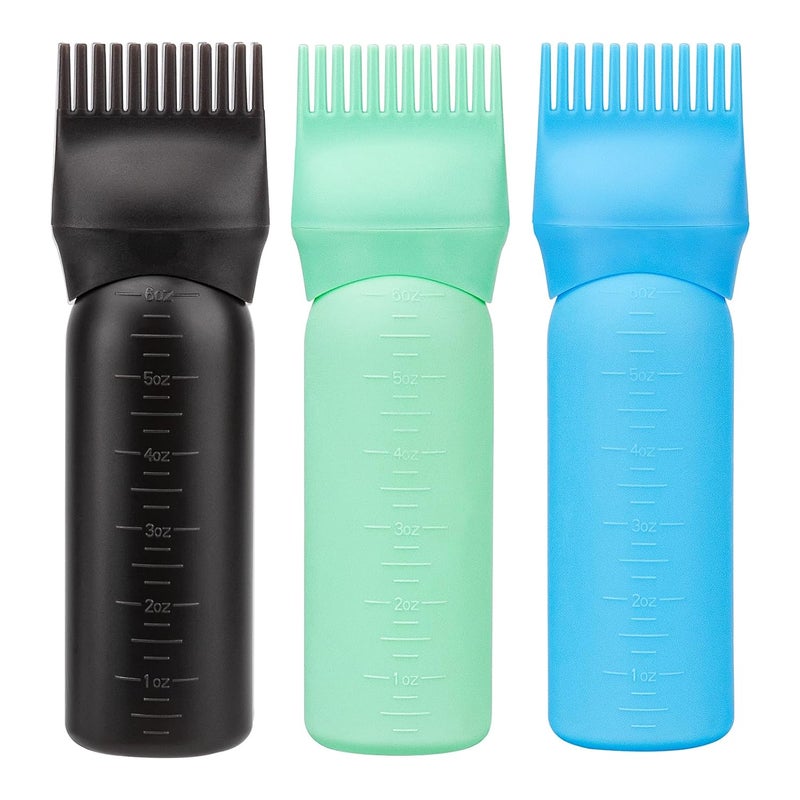 Cosywell 3 Pack Hair Oil Applicator Bottle 6 Ounce Root Comb Applicator Bottle Hair Dye Applicator Brush for Hair Root Comb Color with Graduated ScaleBlack Blue Green