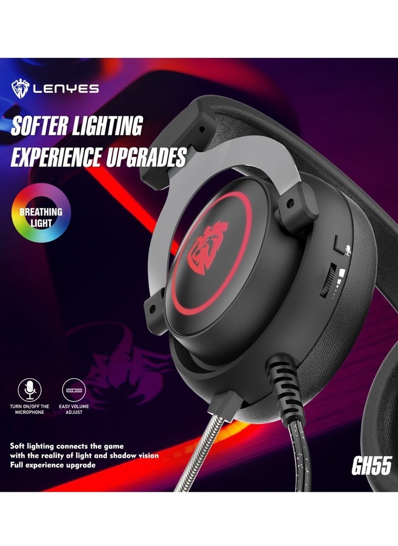 Lenyes - Universal Over-Ear Wired Headphones With Mic Gaming Headset Breathing Light Deep Bass Headphone For PC PS4 PS5 XOne XSeries NSwitch Model GH55 - Image 1