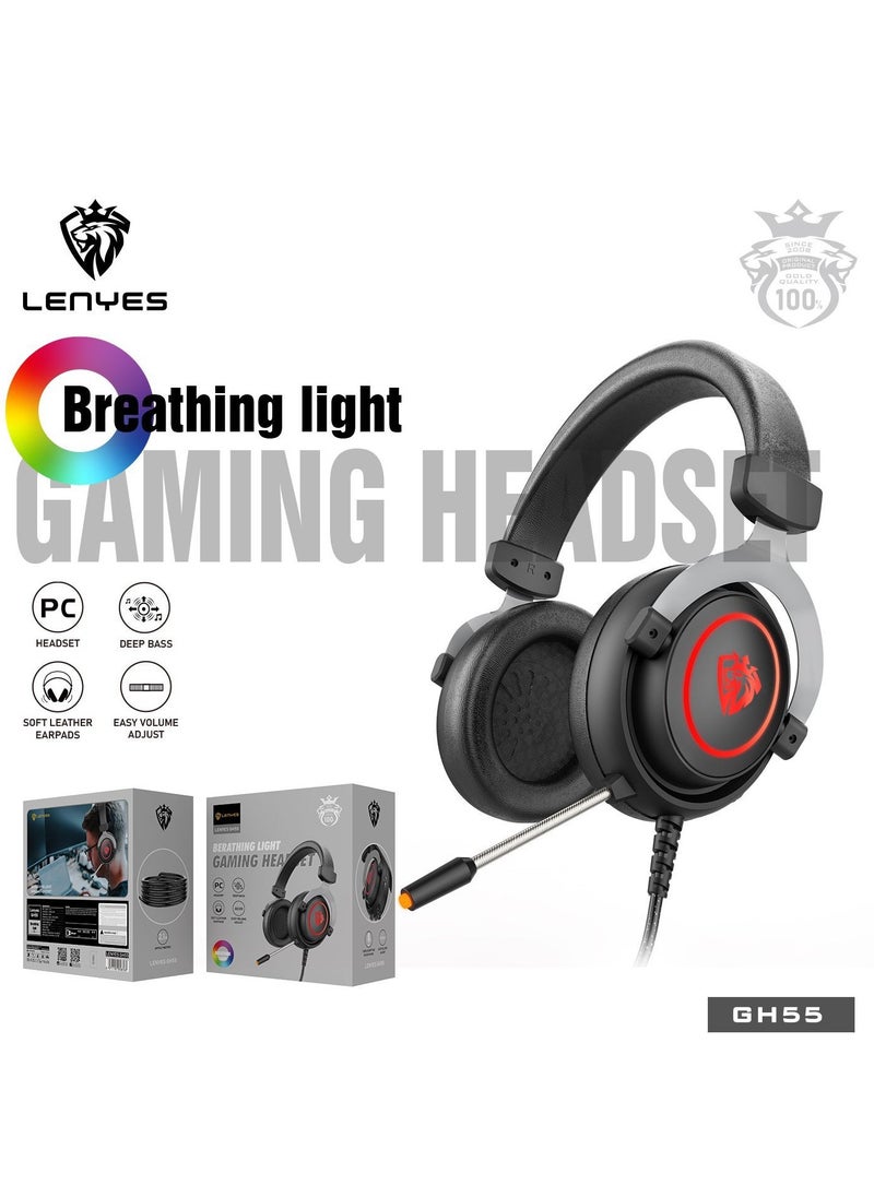 Lenyes - Universal Over-Ear Wired Headphones With Mic Gaming Headset Breathing Light Deep Bass Headphone For PC PS4 PS5 XOne XSeries NSwitch Model GH55 - Image 1